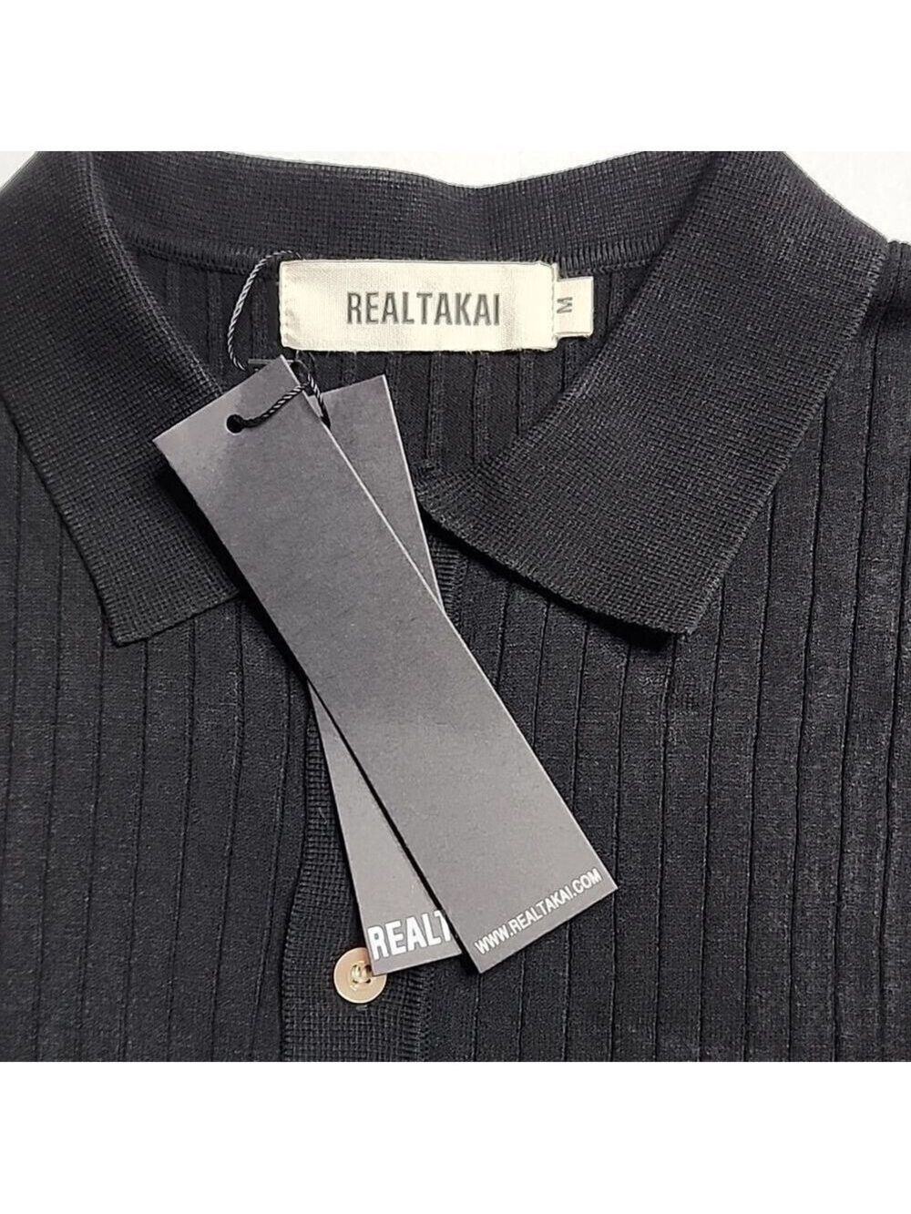 1830 Nwt Black Vertical Knitted Short Sleeve Collar Shirt Size Medium — image 4 of 6